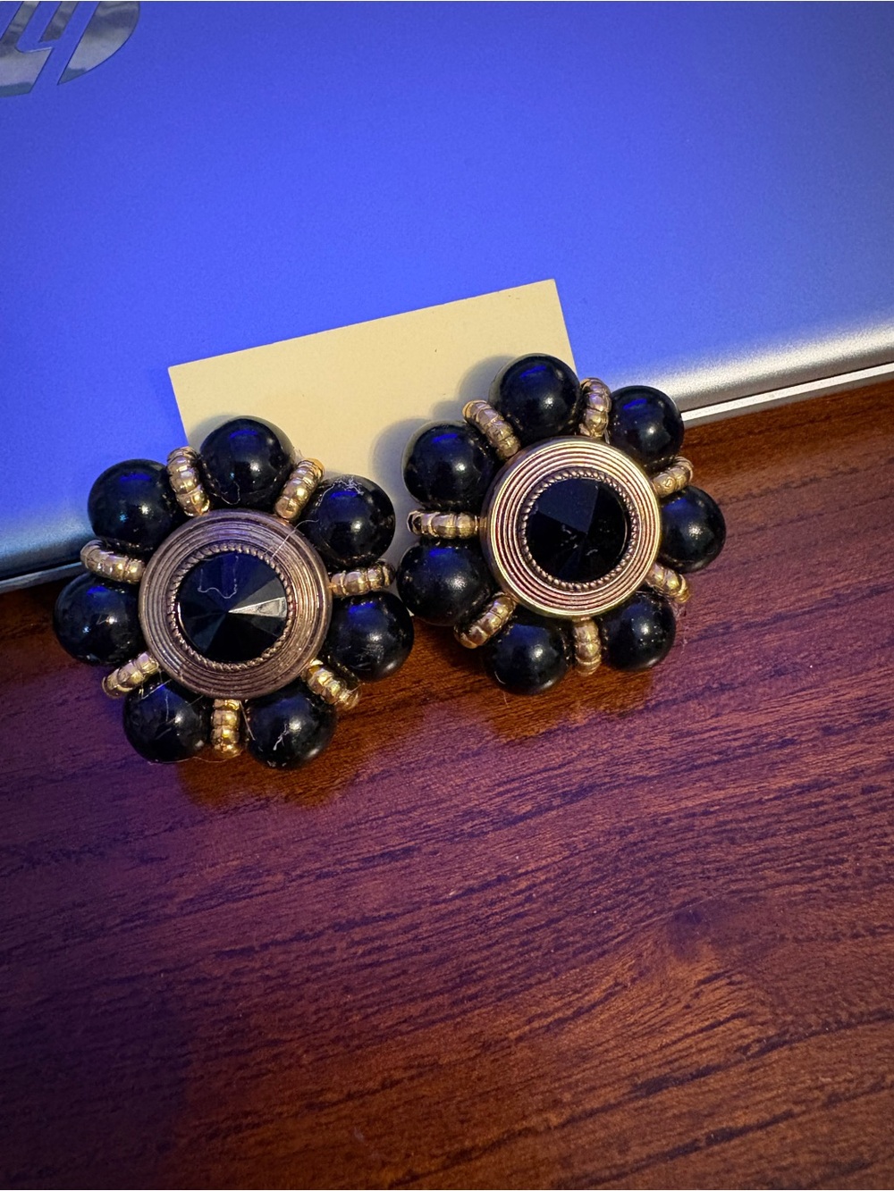 Vintage Black and Gold Floral Cluster Clip-On Earrings